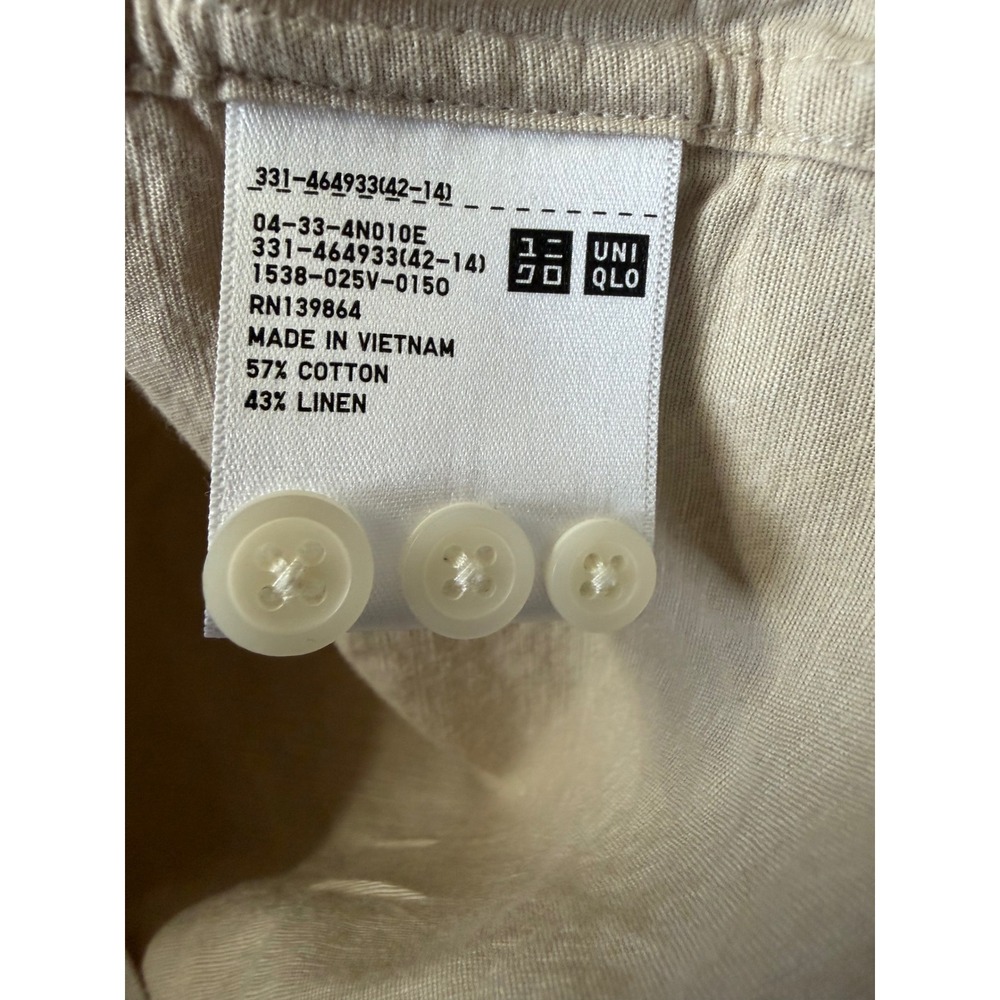 Uniqlo Mens Cotton Linen Band Collar Shirt Beige Tan casual Large - Picture 5 of 8